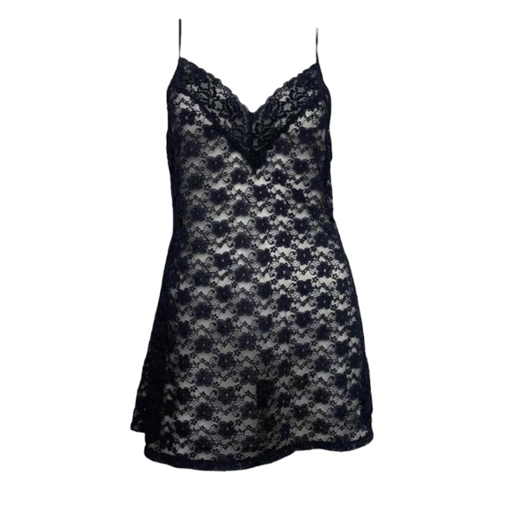 Y2K black floral lace slip with open deep V back